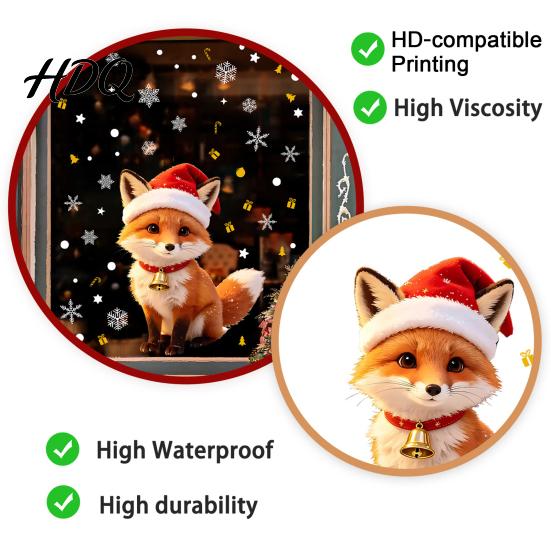 Removable Holiday Glass Stickers Christmas Cute Fox Static Window Clings Santa Hat Snowflake Gift Tree Pattern Decal Decals Self-Adhesive Winter for