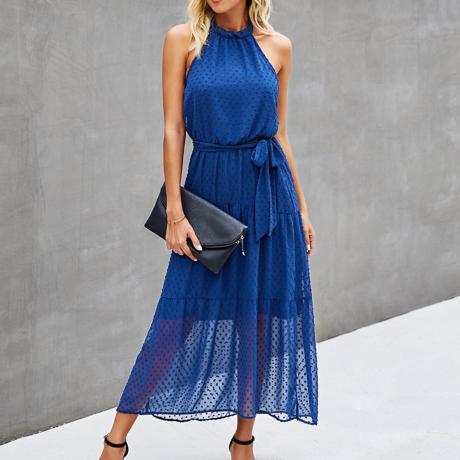 

Women s Summer Fashion Casual Color Hanging Backless Strapped Dress XL синій