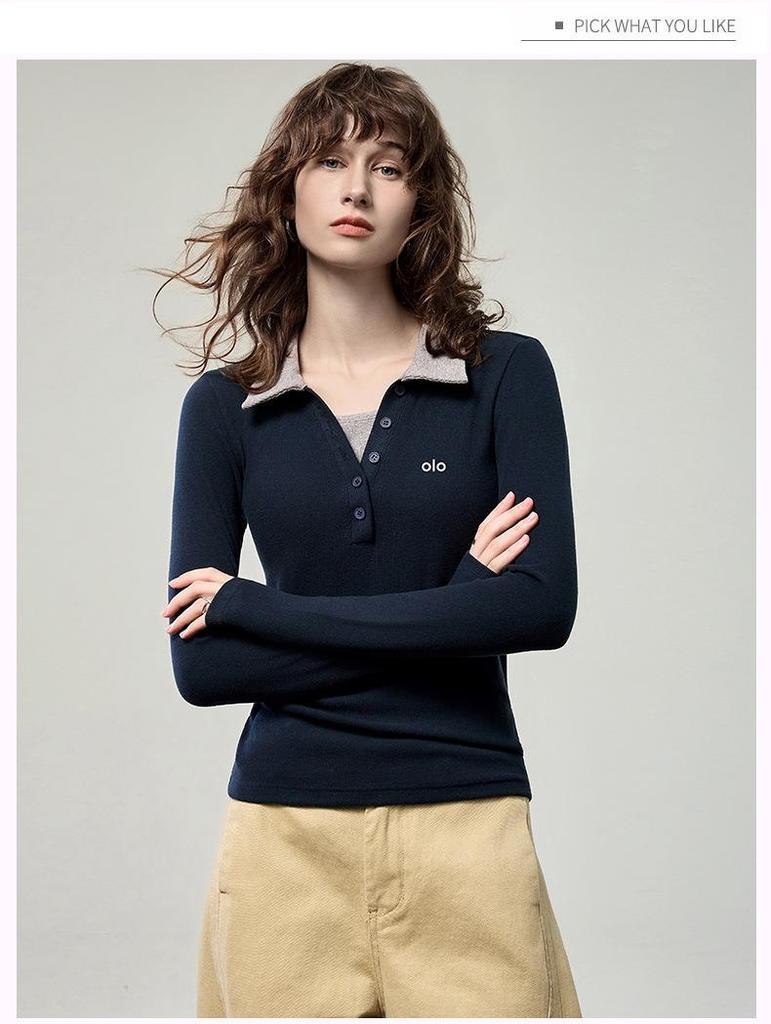 Women's Autumn 2025 Slim Fit Polo Collar Color Block Long Sleeve Top