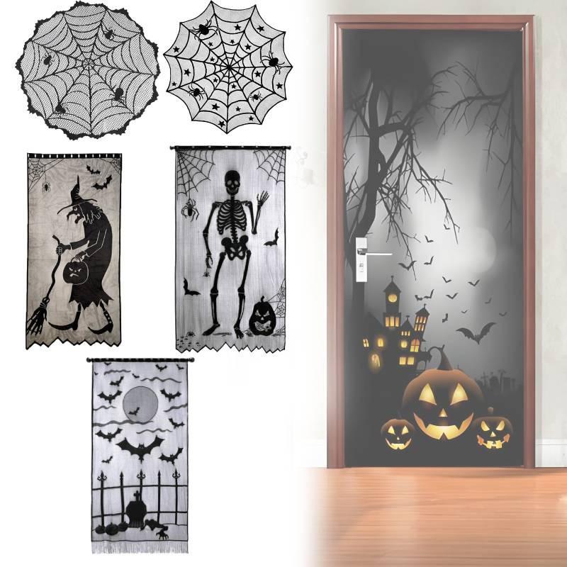 Stylish Black Lace Halloween Table Flag Featuring Creepy Bat And Spider Web Patterns