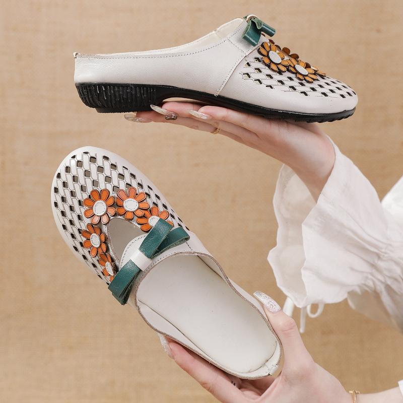 New Summer Flat Low Heel Women's Shoes Ethnic Style Genuine Leather Flower Slippers Hollow Breathable Comfortable Hole Shoes