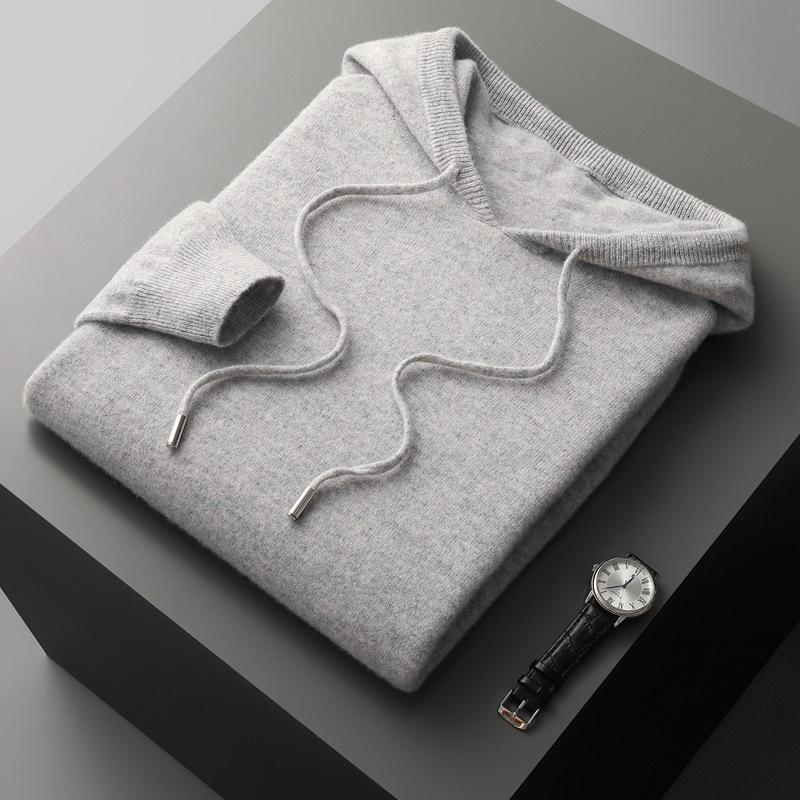 Herrenmode Nahtloser Frühlings- und Herbst-Kaschmirpullover Herren-Kapuzenpullover Einfarbig Gestrickter Woll-Kapuzenpullover Herren