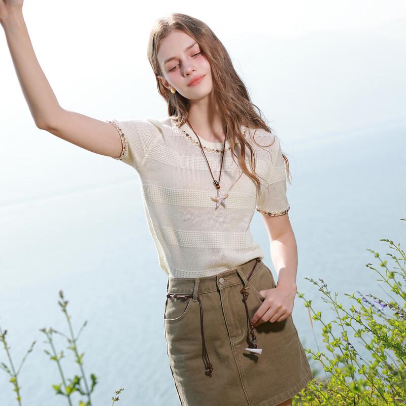 Lace Trim Round Neck Short Sleeve Knit Top