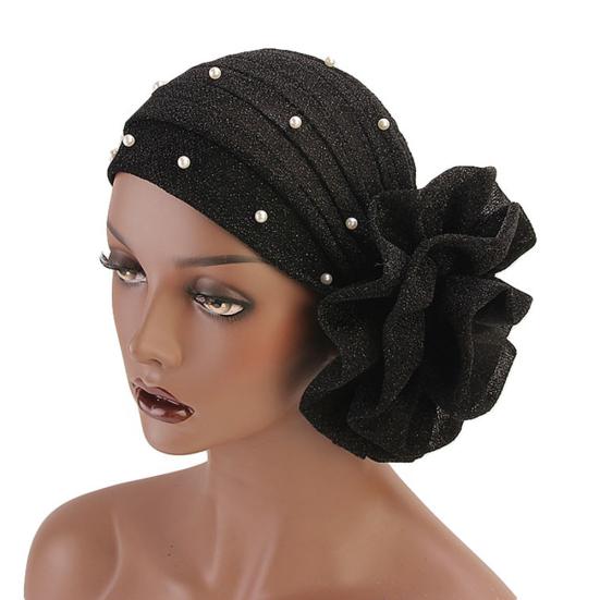 Fashion Faux Pearl Decor Big Flower Women Elastic Hat Soft Head Wrap Cap Gifts