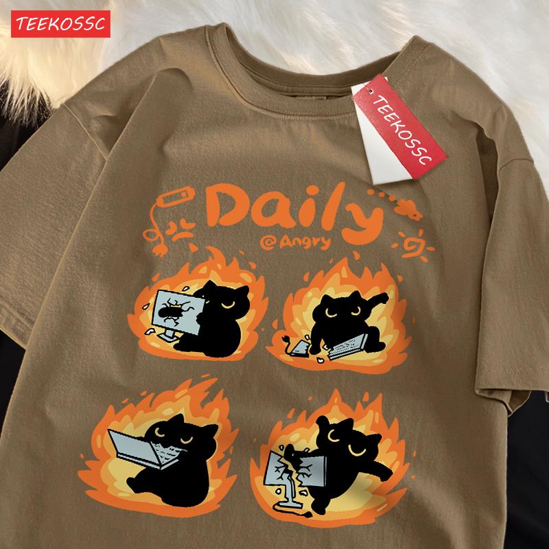 Daily Angery Black Cat Cotton Women T-Shirts Cartoons Prints Tee Shirts Loose O-Neck Soft Comfortable Tops Summer Woman Clothes