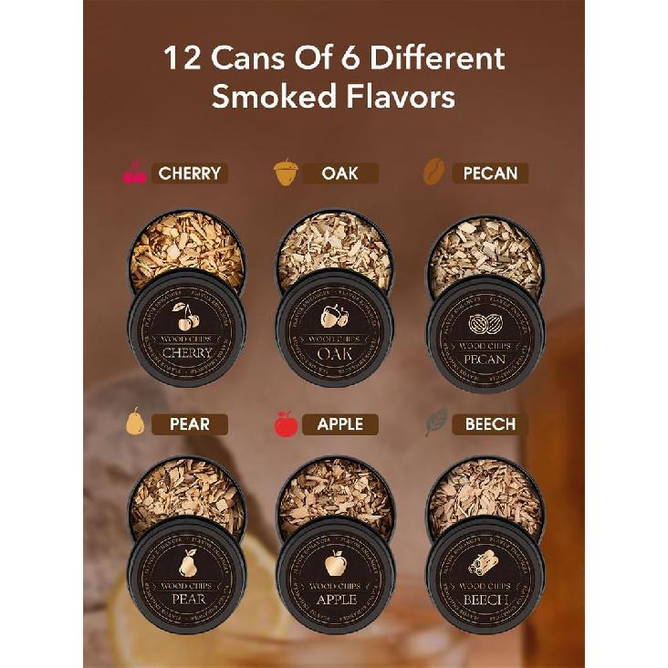 23Pcs Whiskey Smoker Kit with Torch-12 Wood Chips, Ice Ball Mold, Cocktail Smoker Infuser Kit, Old Fashioned Drink Smoker Kit, Birthday Bourbon