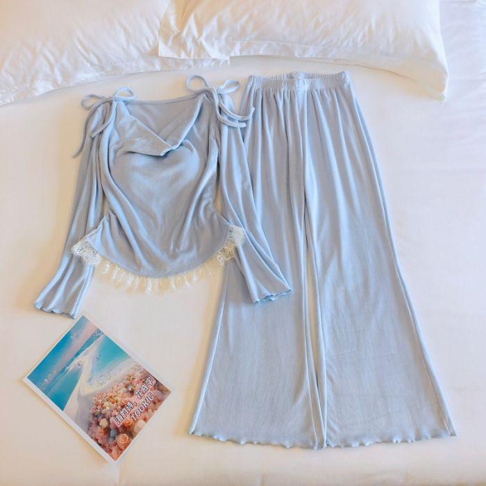 Women's French Lace Floral Long Pajama Set - Sea Island Velvet, Long Sleeve & Pants for Seasons