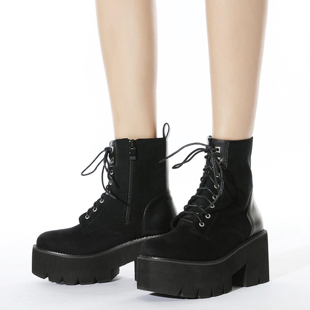 European Women Lace Up Martin Boots Suede Plain Ankle Boots British Korean Style Thick Platform Side Zipper Boots