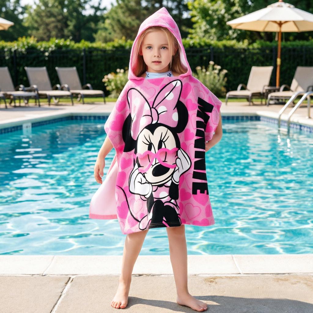 Ultra-Fine Fiber Cartoon Print Kids' Hooded Bath Towel Poncho