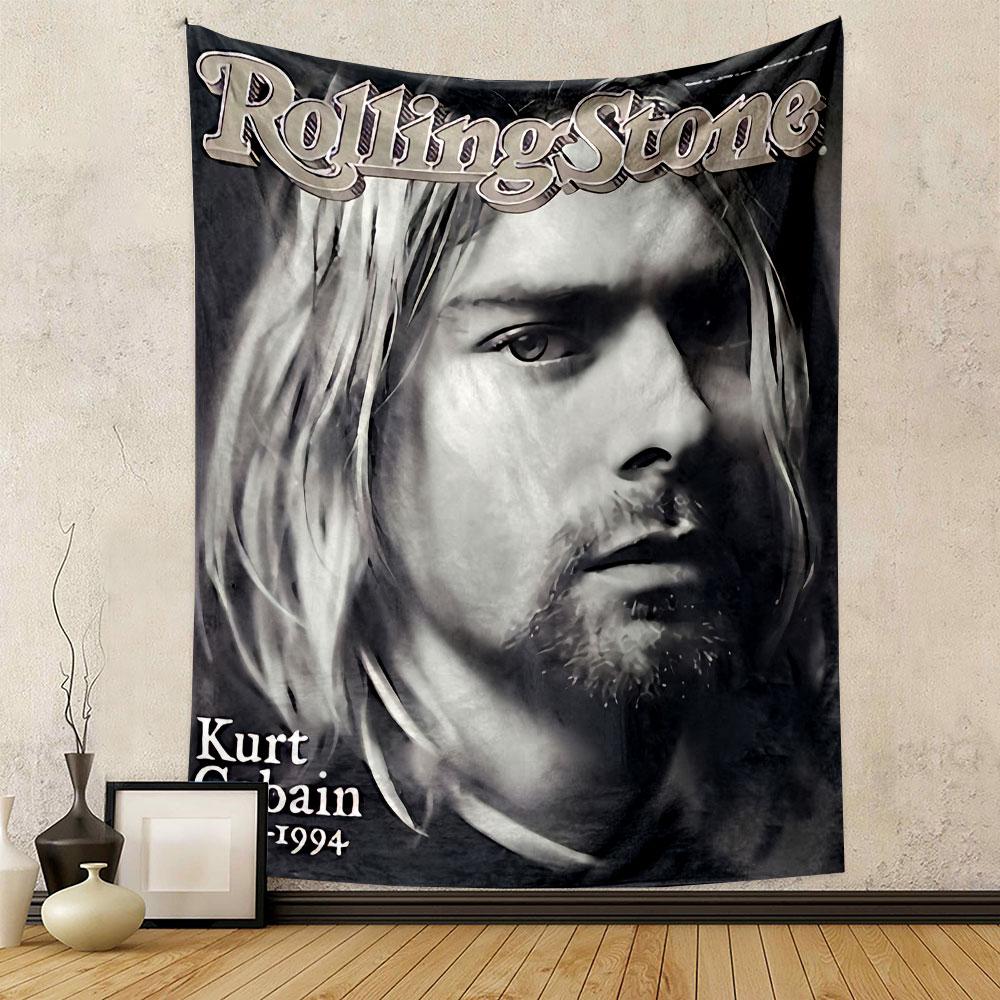 Grayscale portrait with text overlay on magazine cover design. Patterned tapestry for bedroom and living room home decor