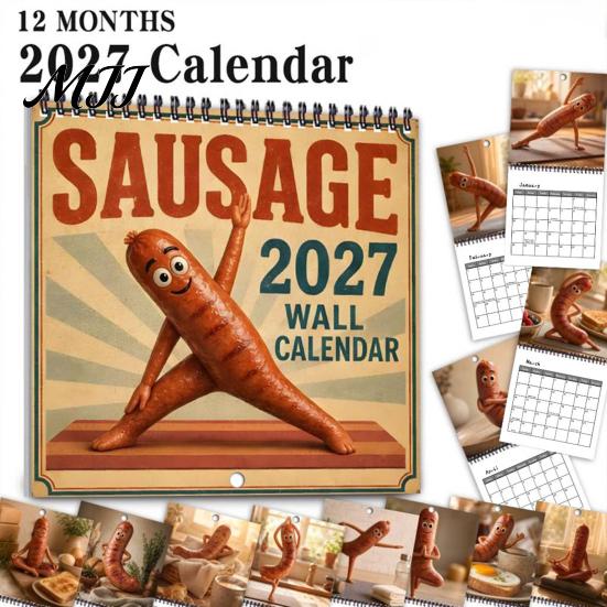 Coated Paper Wall Calendar Sausage 2027 Calendar, Funny Figure 12 Month Planner Creative Home Office Decor with Spiral Binding, Novelty Hanging