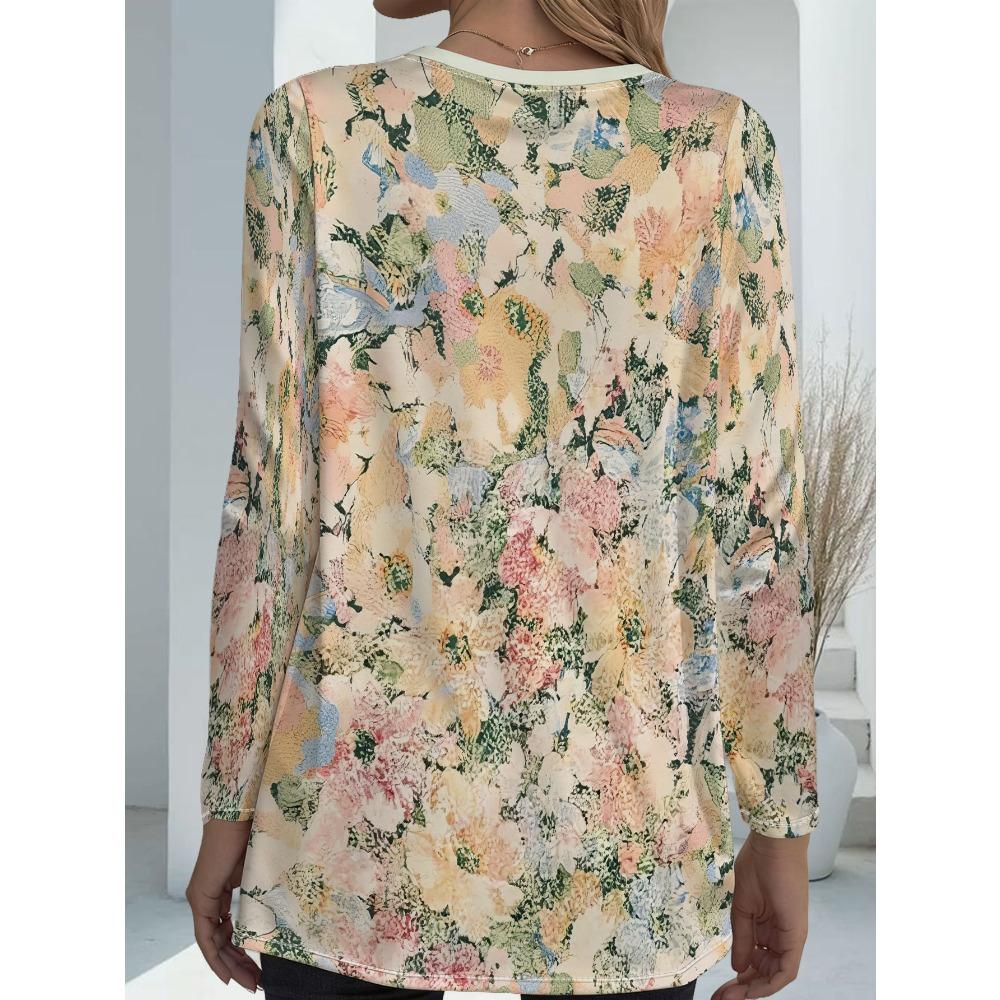 Women's large size with pockets, spring new floral long-sleeved T-shirt loose and thin medium and long top large size