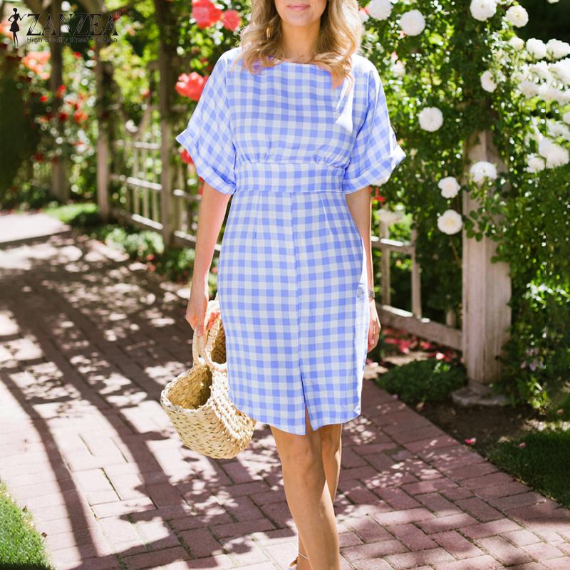 

ZANZEA Повседневное клетчатое облегающее платье-рубашка с круглым вырезом