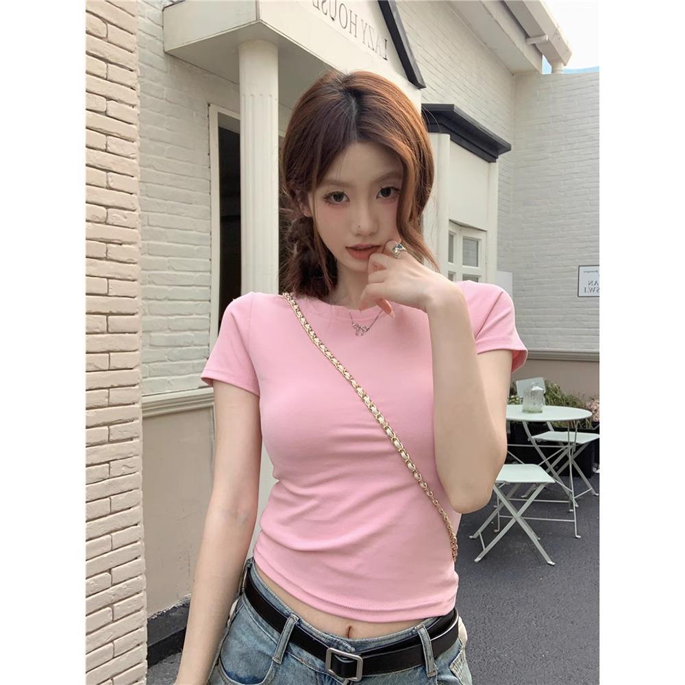 Women's Crew Neck Short Sleeve T-shirt Slim Fit Elegant Style Solid Color Cotton Regular Shoulder Cropped Summer Casual Tee Top