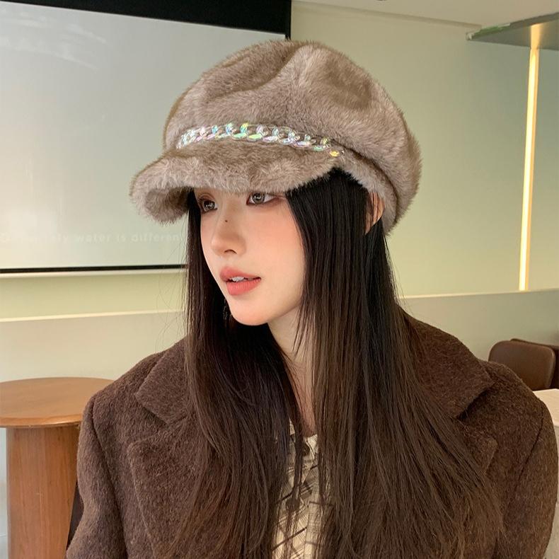 Autumn and Winter Beret Cap Women's Imitation Mink Hair Thermal Ear Protection Hat Versatile Casual Retro Octagonal Hat Painter Hat