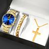 3pcs/set, Fashion Men's Business Calendar Stainless Steel Quartz Watch & Bracelet & Cross Pendant Necklace