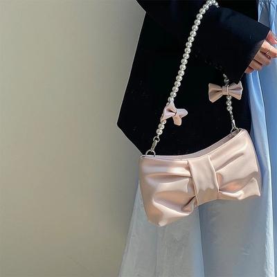Mädchenhafte Perlen Schleife Niedliche Achseltasche Fee Damen Kleine Rosa Schultertasche Weiches PU-Leder Damen Schimmernde Clutch Handtaschen