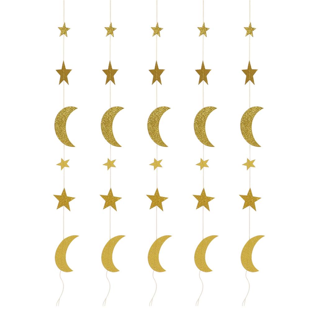 5Pcs Star Moon Garland Bright Gold Color Exquisite Durable Widely Used Ramadan Garland for Wall