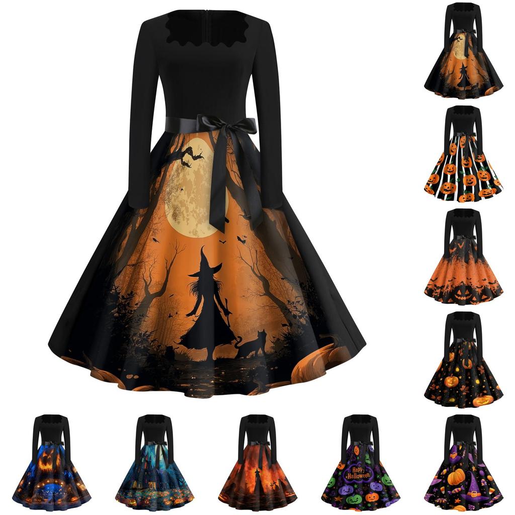Women's Vintage Square Neck Casual Dress with Halloween Print for Fall Occasions