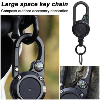 Retractable Keychain with Compass Steel Wire Carabiner Badge Reel Holder Clip Key Ring