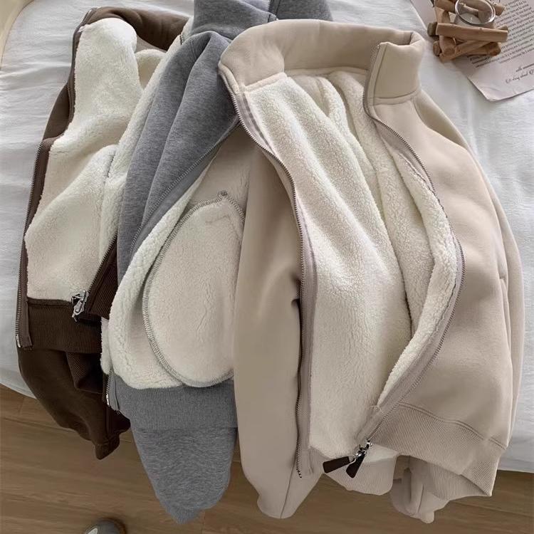 Thickened Velvet Sweatshirt Jacket Zipper Collar Warm Casual Autumn Winter Commute Women's