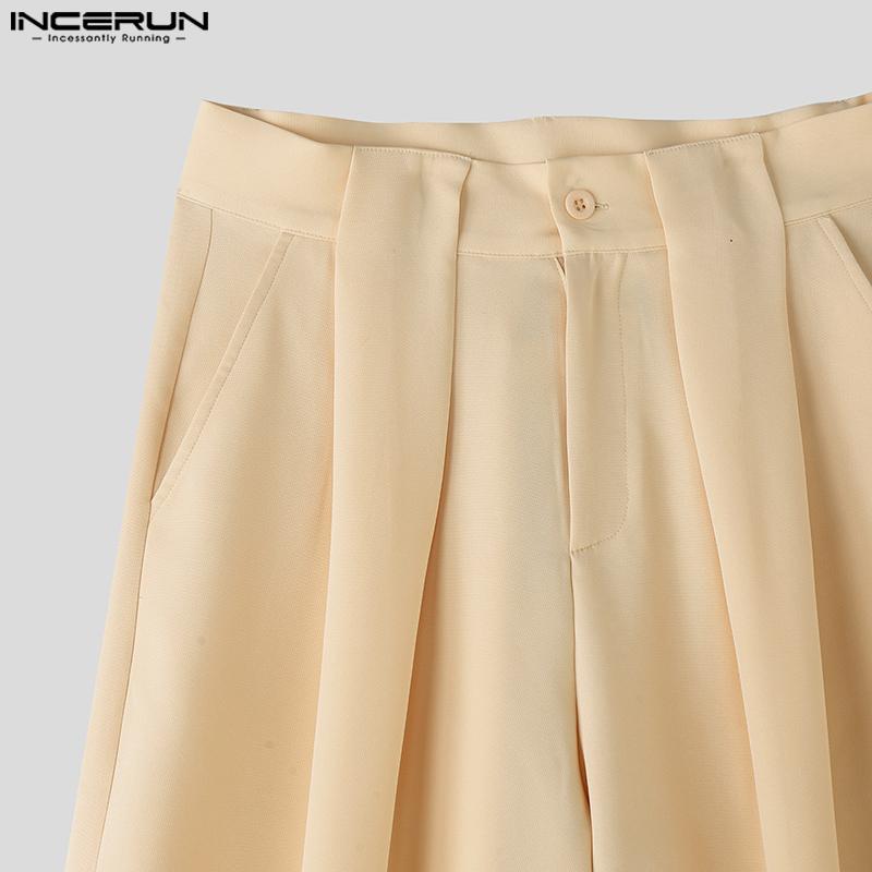 INCERUN Men's High Waist Zipper Ruffled Long Wide Legs Pants Trousers