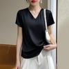 Women Summer Top V-neck Solid Color Soft Comfortable Short Sleeves Daily Wear Pullover OL Commute Satin Women T-shirt Female Clothes