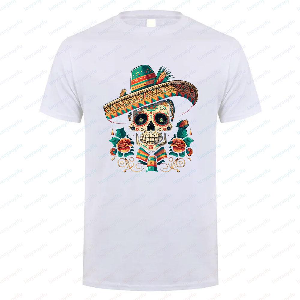 Cotton Summer Short Sleeve Mexican Skull Unisex Tee Round Neck Breathable Vintage Pattern Graphic Shortsleeved Launched Top