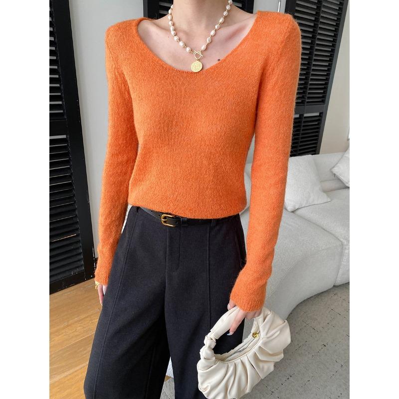 U Neck Slim Fit Long Sleeve Knit Sweater Basic Top