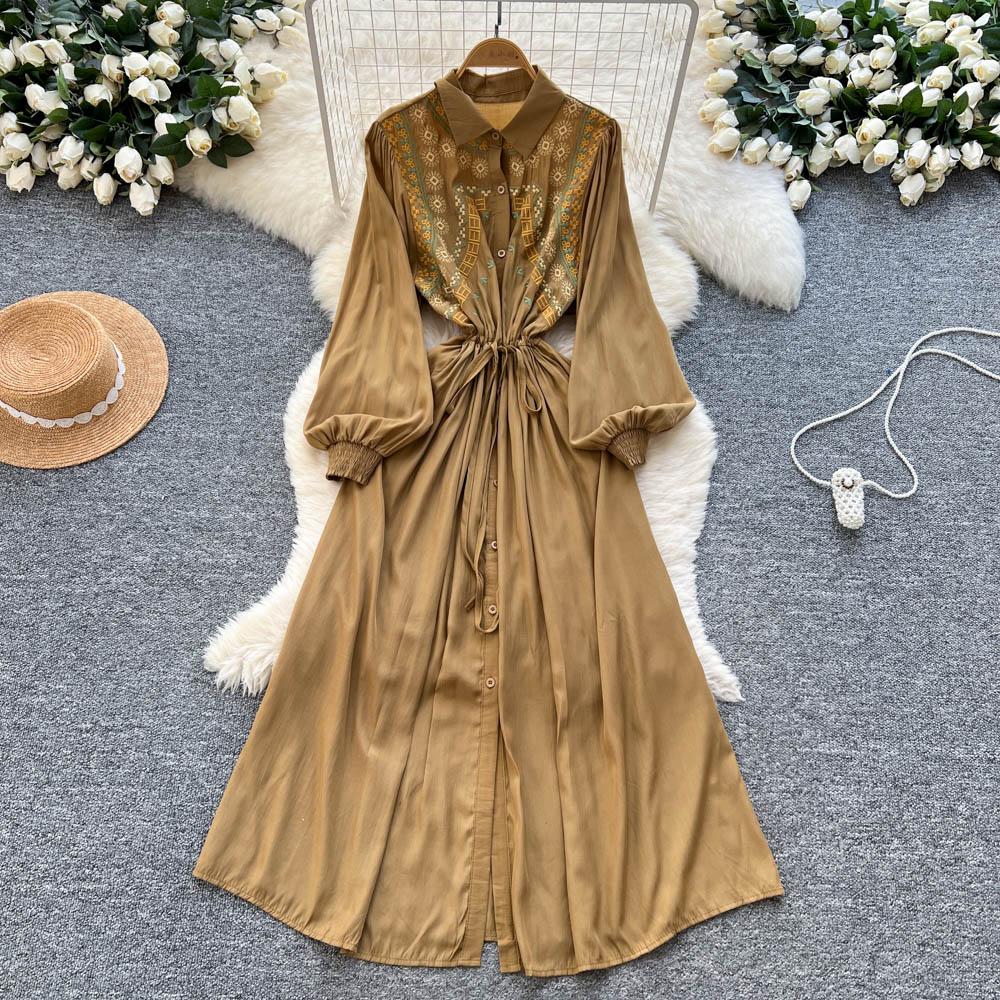 

Ретро Вышивка Воротник Фонарик Sve Приталенное Похудение Одна Пуговица Высокая Талия А-силуэт Летнее Платье One size fits all светло-коричневого