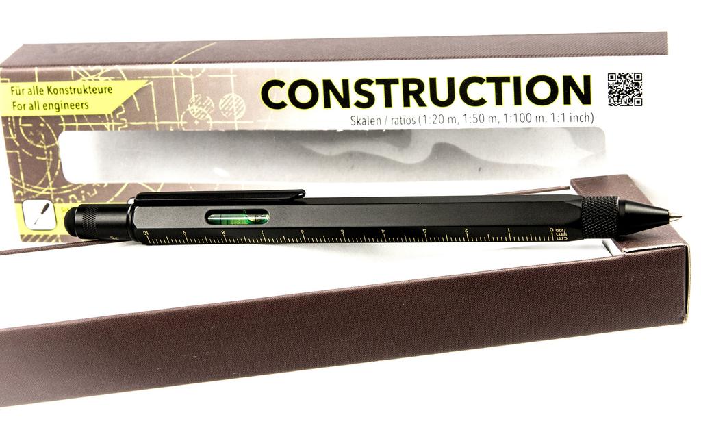 TROIKA Ballpoint Pen with Centimeter and Inch Black Gold Multi-Function Ruler, Level, Construction,
