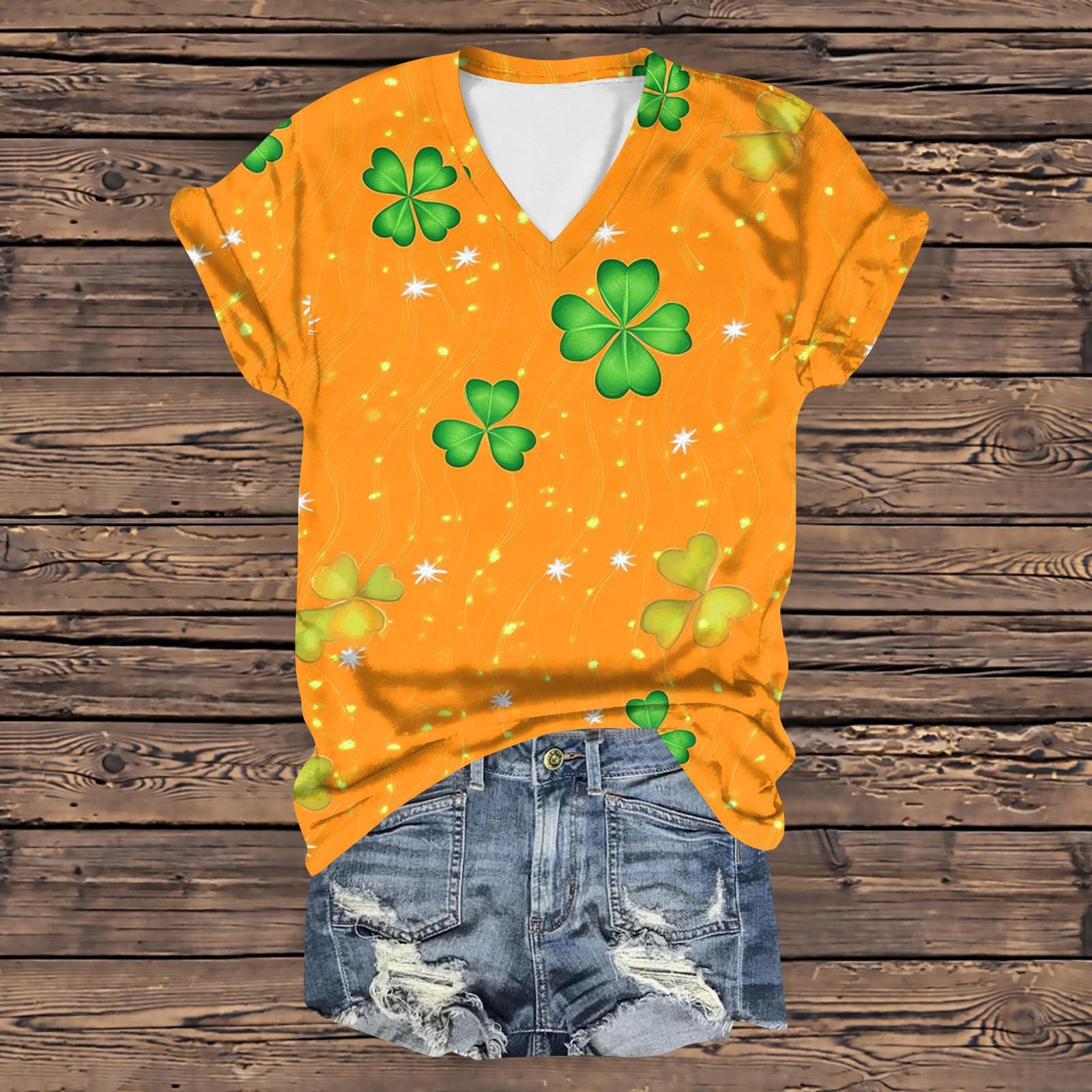 

Женская повседневная свободная одежда St. Футболка с короткими рукавами и V-образным вырезом с принтом ко Дню Святого Патрика XL оранжевый