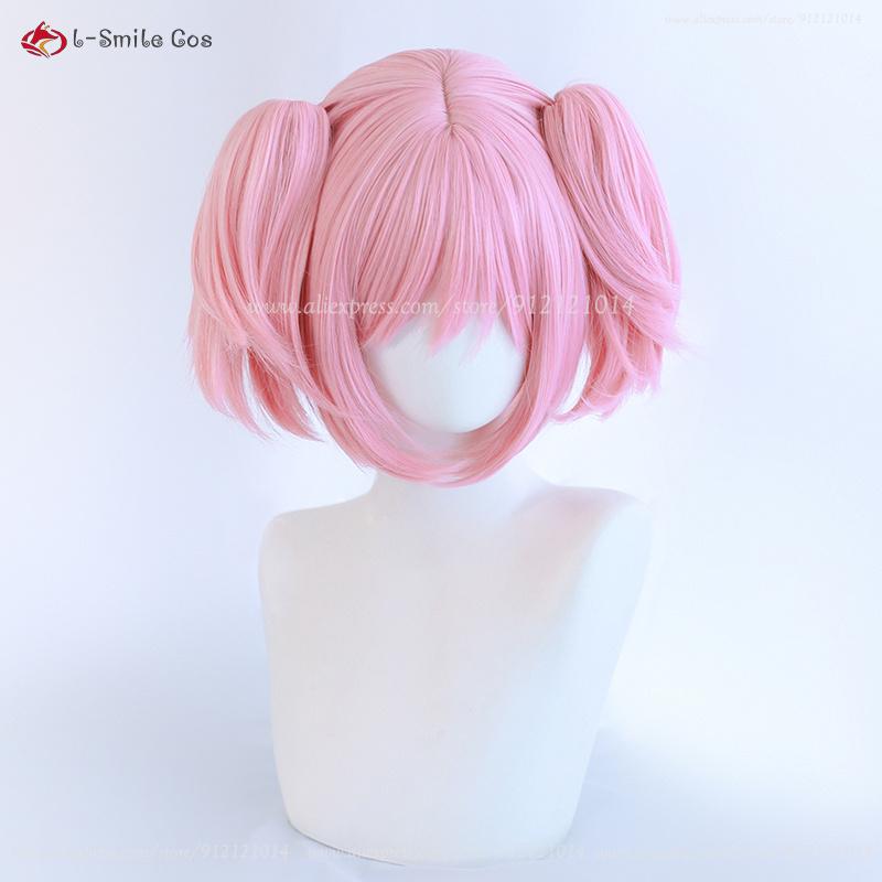Anime Madoka Kaname Cosplay Wig Light Pink Double Ponytail Clip Wig Heat Resistant Synthetic Hair Halloween Party Wigs + Wig Cap
