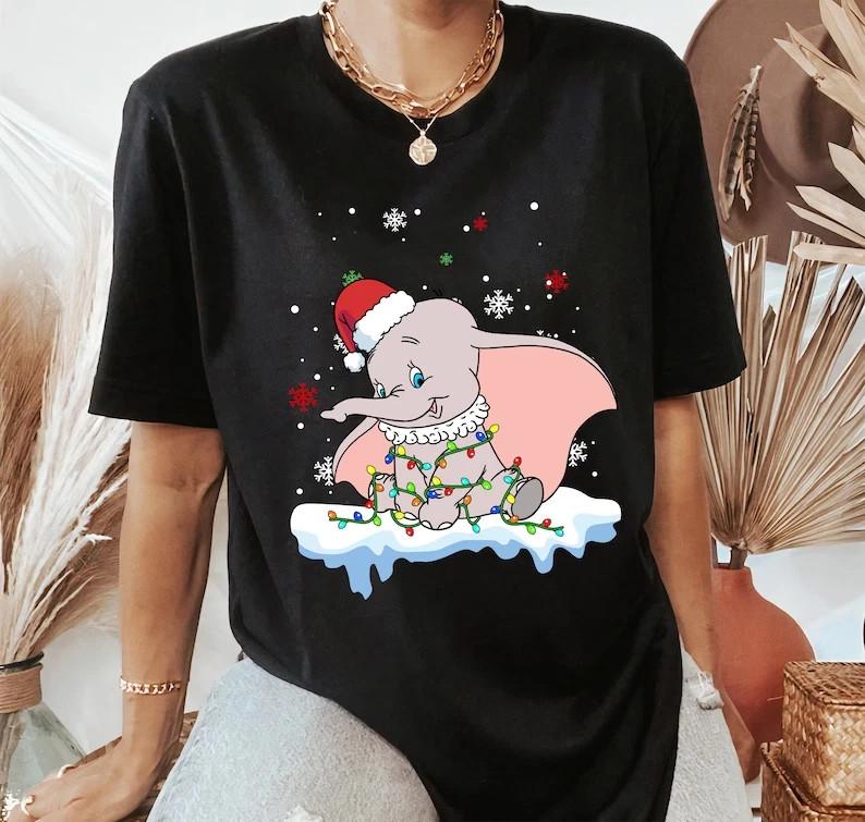 Dumbo Elephant Santa Hat Color Lights Winter Snow Christmas Tshirt Women Unisex T-Shirt S