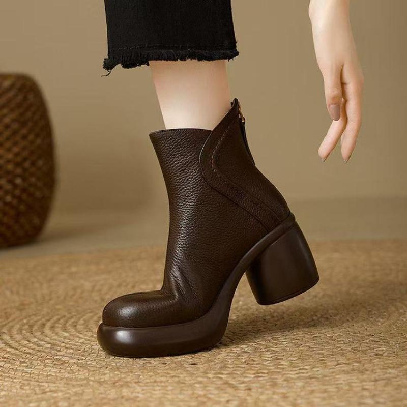 Brown round head short boots women's soft leather new thick-soled autumn and winter velvet rear zipper muffin bottom Martin boots thick heel