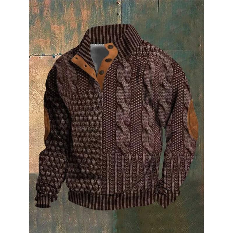 Men S 3d Printed Stand Collar Polo Sweatshirt With Buckle Streetwear