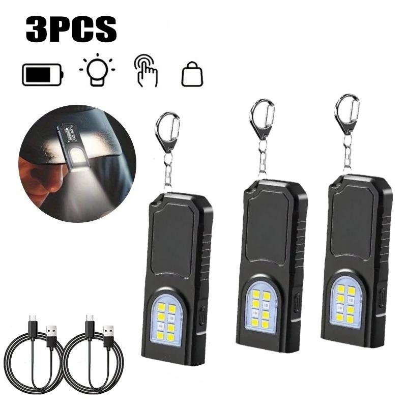 Мощный мини COB светодиодный фонарик-брелок, перезаряжаемый через USB-C, подвесной рабочий свет, водонепроницаемый брелок, кемпинг, прогулки, карманный фонарик 3PCS