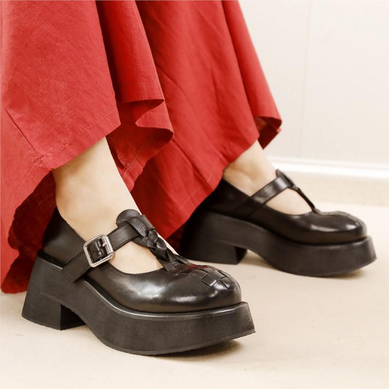 Fashion GKTINOO 2025 Spring/Summer New High End Cowhide Shallow T-shaped Buckle Pumps Retro Thick Sole Handmade Women's Platform Shoes