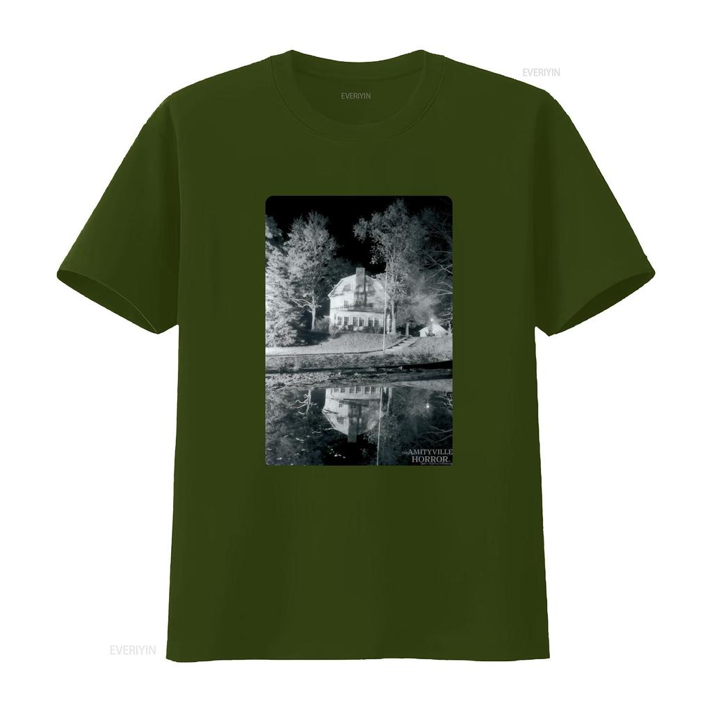 Amityville Horror Classic Black T Shirt for Adults Spooky Nighttime House Print Design Vintage Washed Unisex Designer Clothes