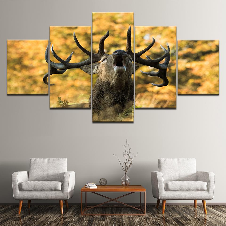 Leinwandbild Hirsch schreiend 5 Teile Wandkunst Malerei Modulare Wandbilder Poster Druck für Wohnzimmer Heimdekoration