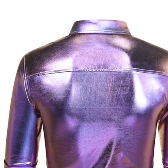 Men Disco Shirt Shiny Golden Sequin Metallic Dress Shirt Lapel Long Sleeve