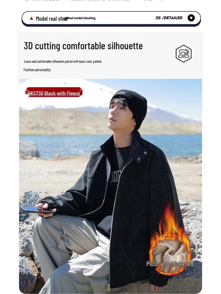Men's Suede Jacket with Fleece, Thickened Stand-Up Collar - Trendy Warm Autumn/Winter Casual Jacket for Young Men