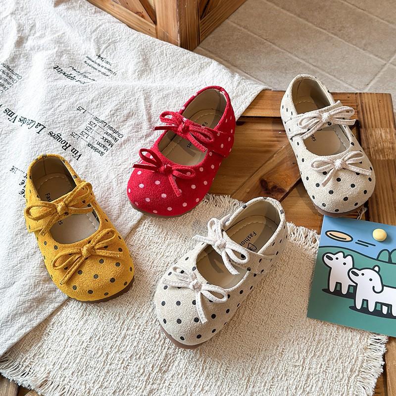 Girls Flat Shoes With Polka Dots Bow Detail Soft Sole Slip-On Toddlers Kids