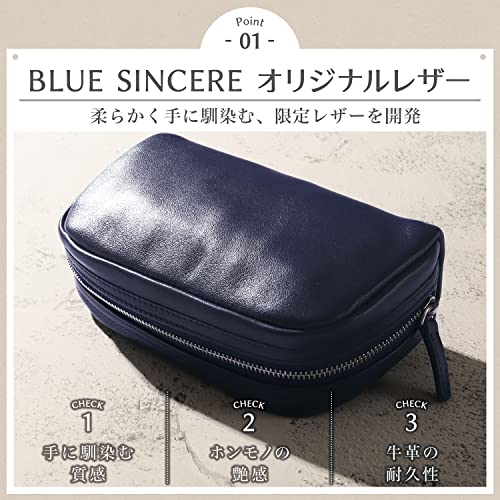 BLUE SINCERE Square Pouch, Genuine Leather, Men's and Women's, Rectangular, Gusseted, Large Capacity, Freestanding, Gadget Case, Makeup Pouch, Leather