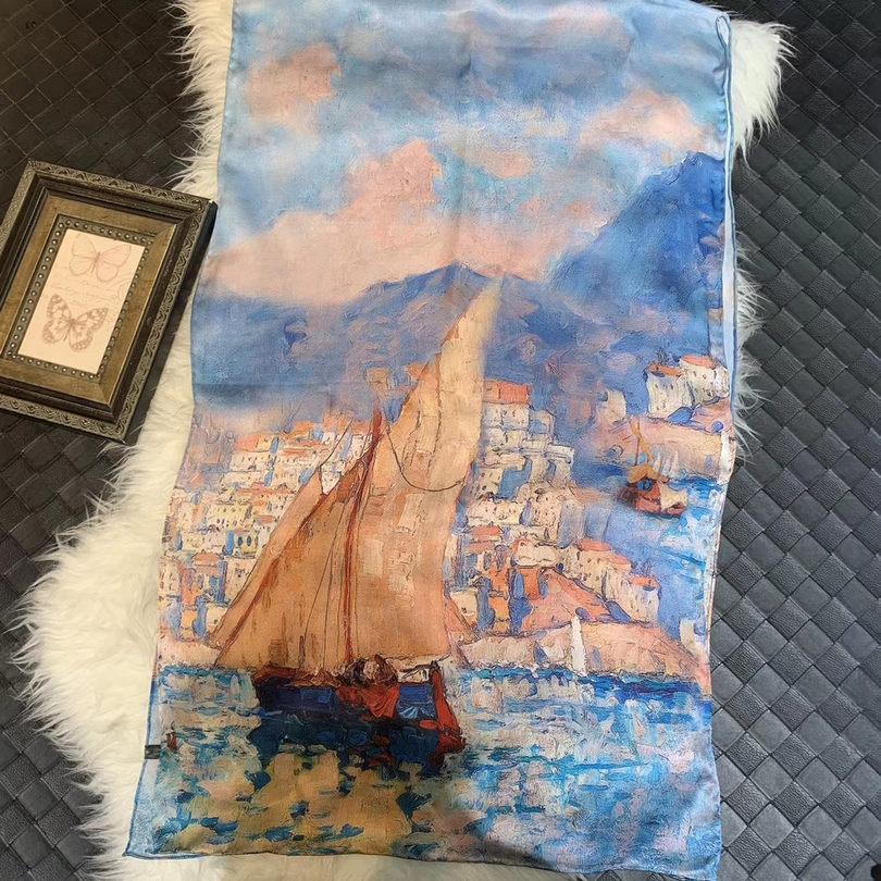 Chinese Style Ink Lotus Silk Scarf Shawl Women  New Design 100% Natural Silk Long Scarves Grey Pink Neck Scarves 175*53Cm