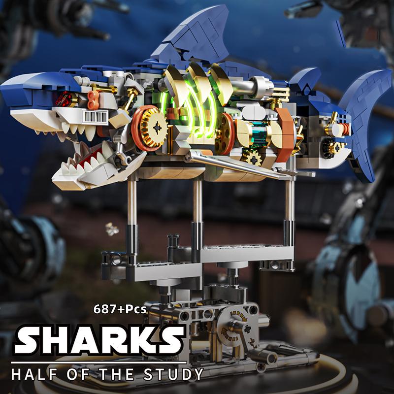Creative STEM Educational Mechanical Shark Ocean Animal Electric Toy Building Blocks Model Set MOC Style Assembly Bricks for Kid