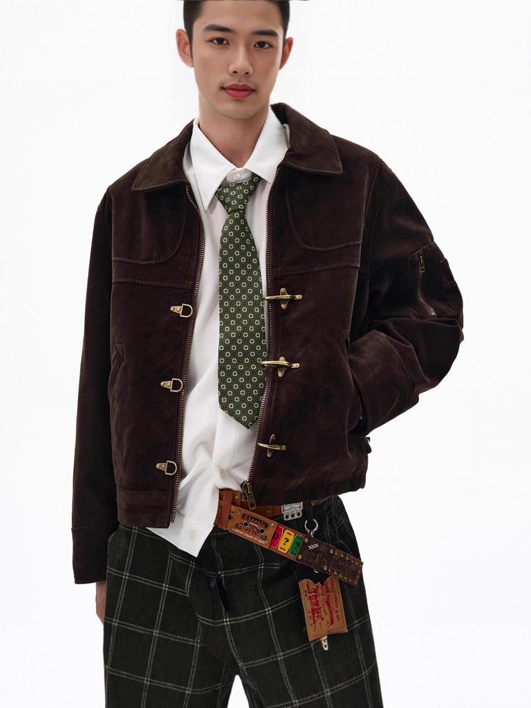 Men's Vintage Distressed Faux Suede Jacket with Airplane Buckle - Retro Autumn Style