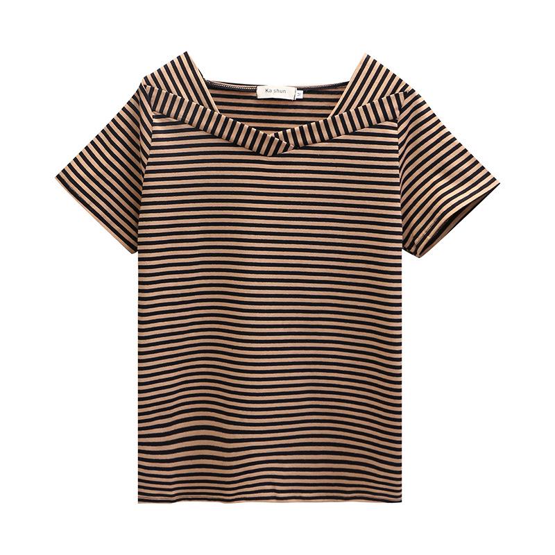 Women's Oversized Cotton Striped V-Neck T-Shirt - Loose Fit, Short Sleeves, Summer Style