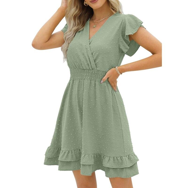 Summer  High Waist White Dress Sweet V-Neck Ruffle Short Sleeve Dot Dress Casual Cotton Linen Beach Mini Dress Vestidos 25628