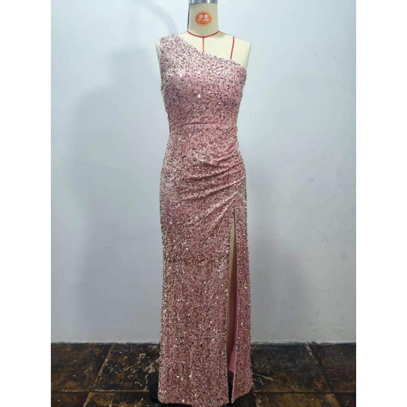 Damen Pailletten One-Shoulder Ärmelloses Schlitz Knöchellanges Bodycon Kleid